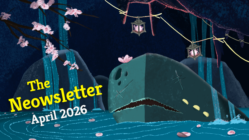 The April 2026 Neowsletter cover featuring Neow with a cherry blossom tree, petals, and lanterns adorning her watery cave.