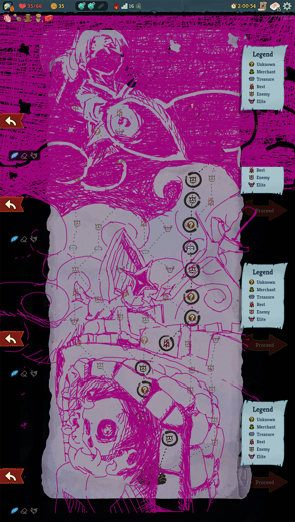 Compilation of one long map drawing of multiple StS characters.