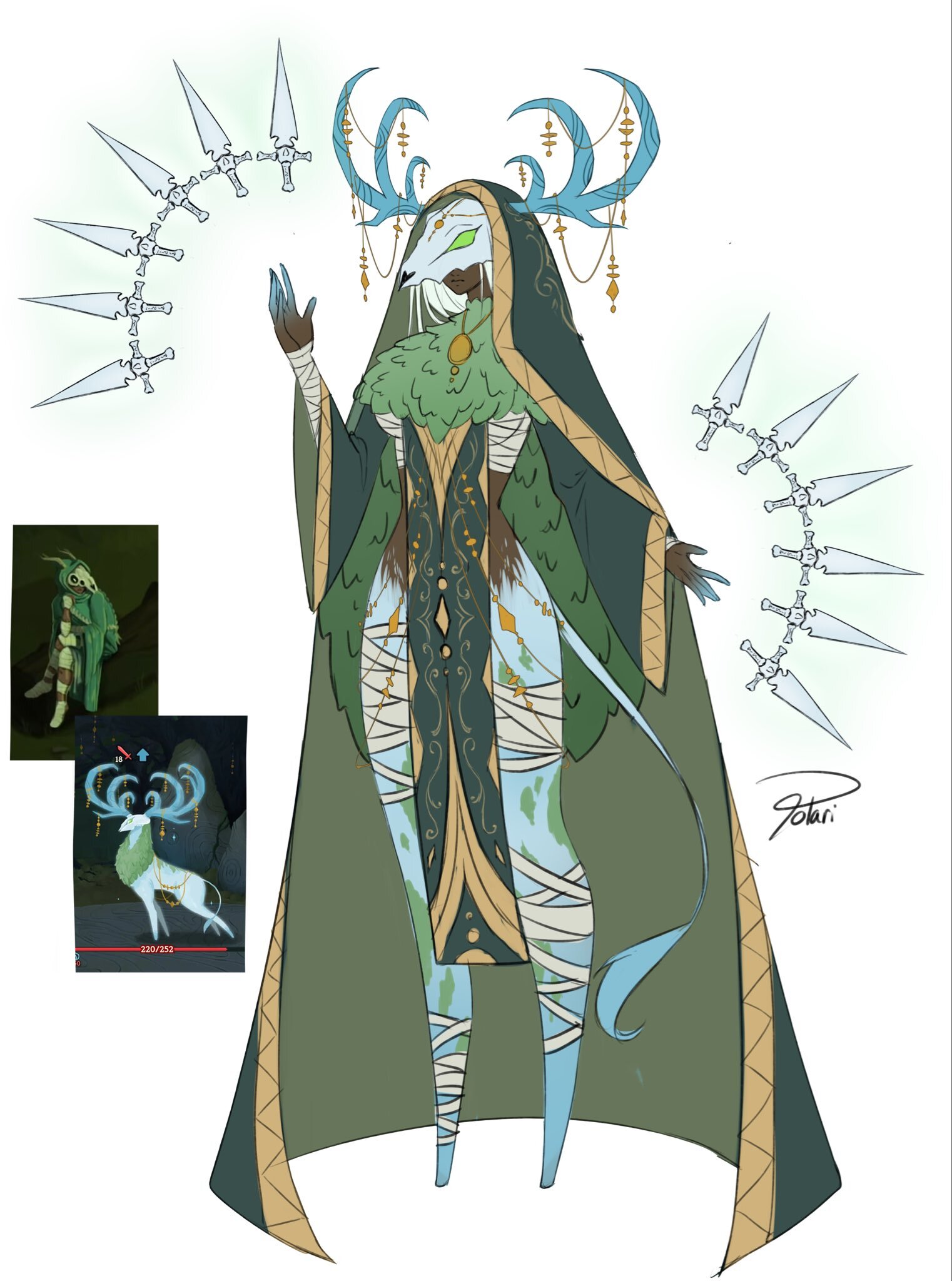 Illustration of Silent with features and attire reminiscent of the Ceremonial beast with her shivs fanned out around her.
