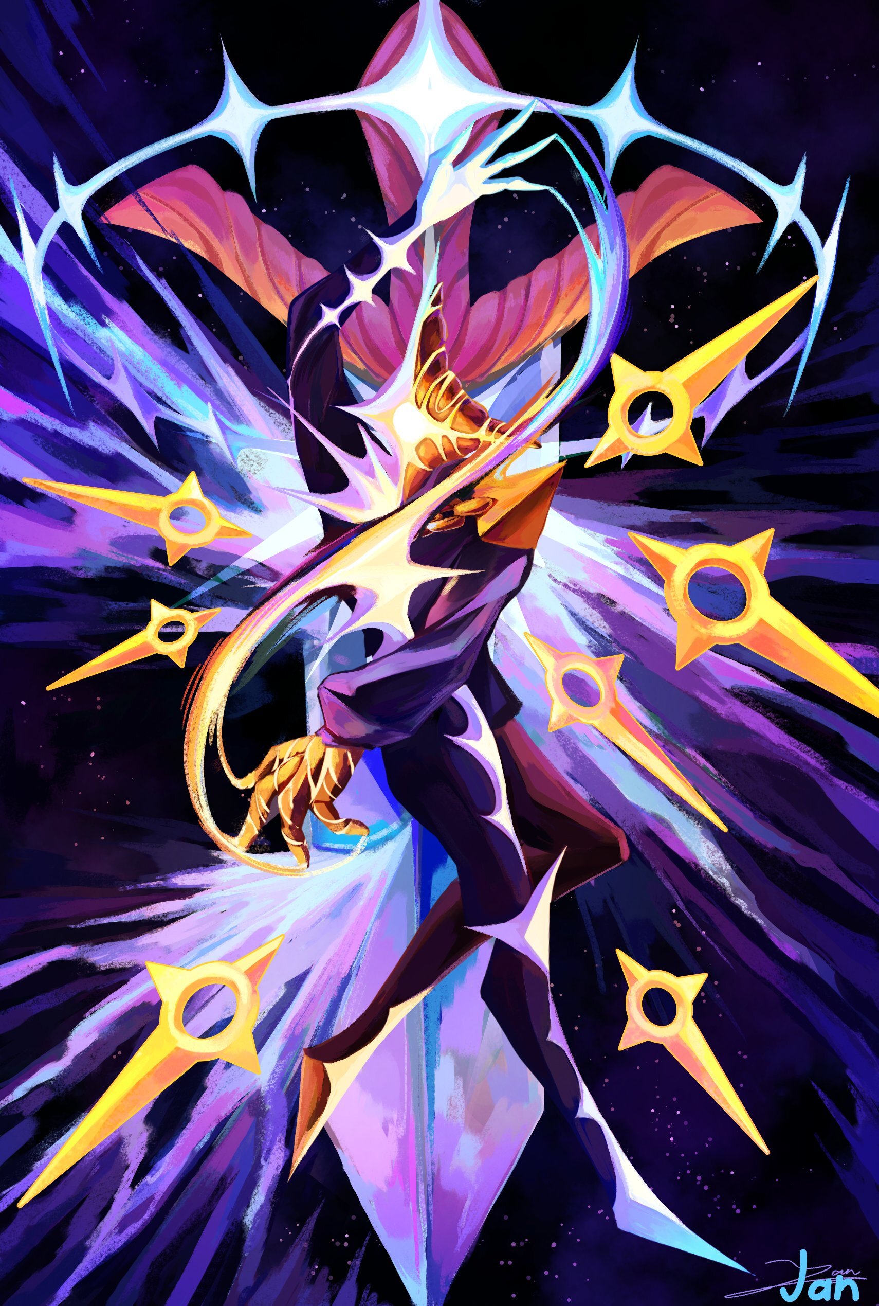 Illustration of Regent in the cosmos with stars and attack effects emanating from him.